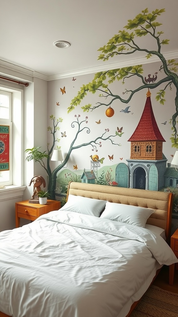 A cozy bedroom featuring a whimsical mural of a tree and a tower, complemented by soft bedding and natural decor.