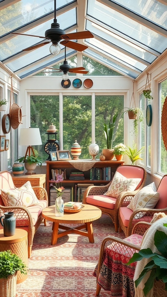 A cozy boho sunroom featuring rattan furniture, colorful cushions, plants, and artistic decor.