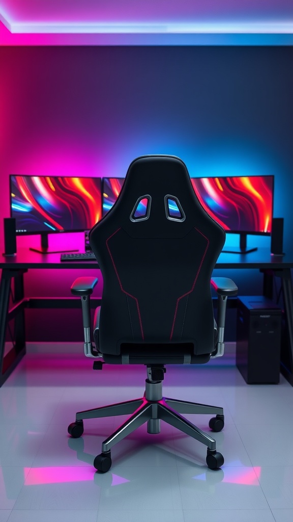 A stylish ergonomic gaming chair in front of dual monitors with colorful ambient lighting.