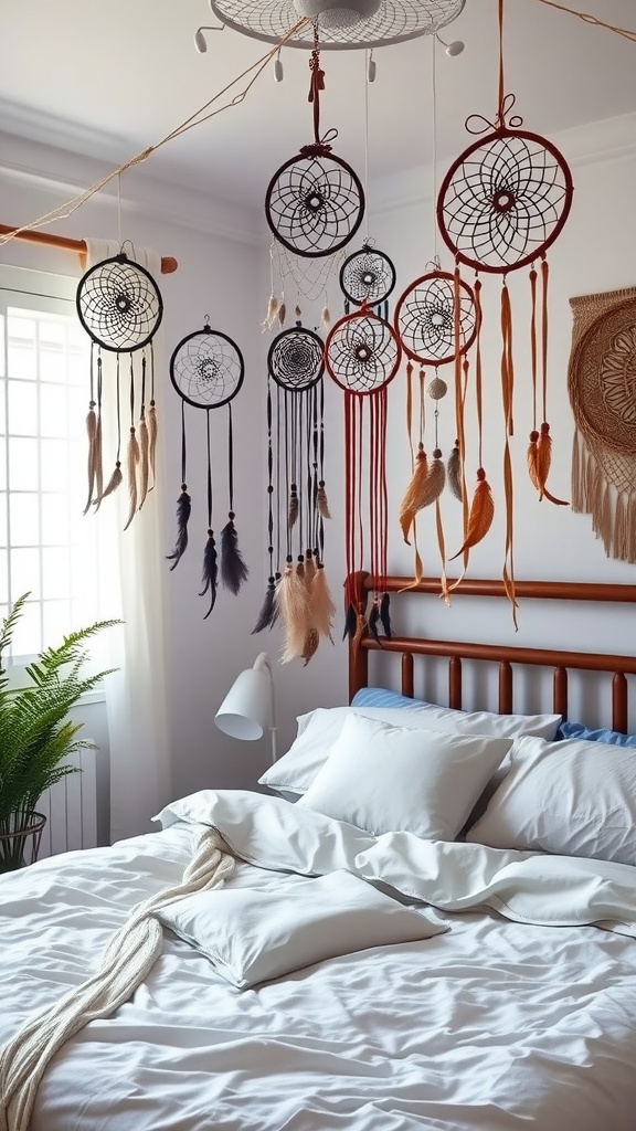 A cozy bedroom featuring various dreamcatchers hanging from the ceiling, a neatly made bed with white linens and pillows, and a green plant in the corner.