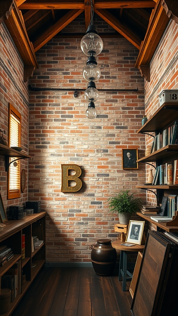 A cozy vintage room featuring exposed brick walls, wooden beams, and rustic decor.