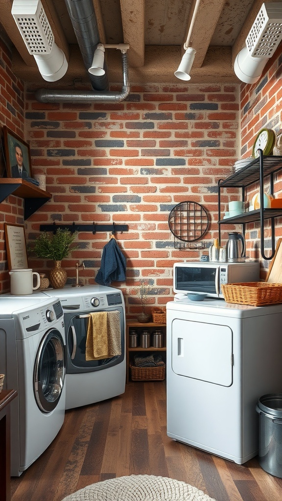 A rustic laundry room featuring an exposed brick wall, modern appliances, and wooden flooring.