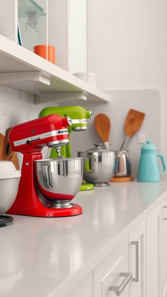 Colorful countertop appliances in a modern kitchen setting