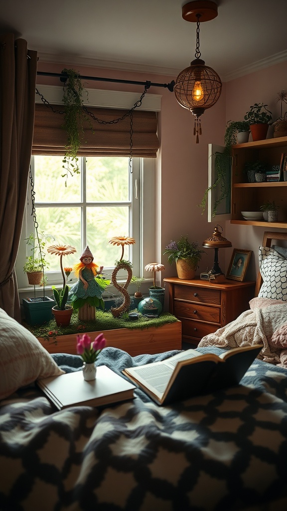 A cozy bedroom nook featuring a whimsical fairy garden display by the window.