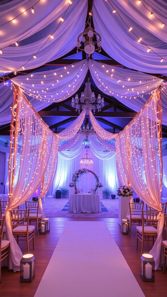 An elegantly decorated wedding venue featuring fairy lights and draped fabrics, creating a romantic atmosphere.