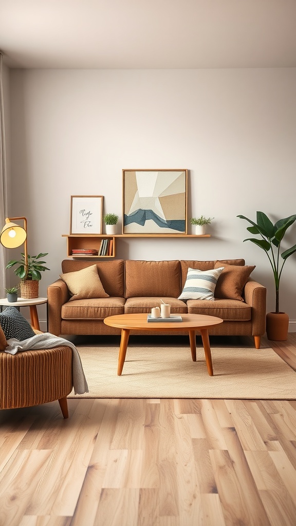 A cozy brown sofa in a stylish living room with a coffee table, plants, and decorative items.