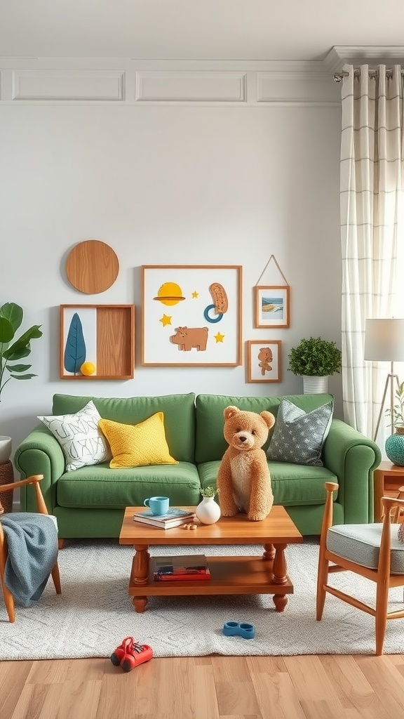 A family-friendly living room featuring a green couch, a teddy bear, and colorful decor.