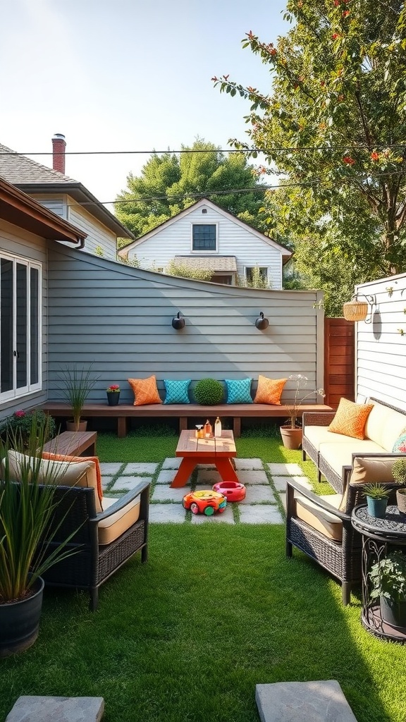 A cozy family-friendly backyard patio with seating, colorful cushions, and a toy car on the grass.