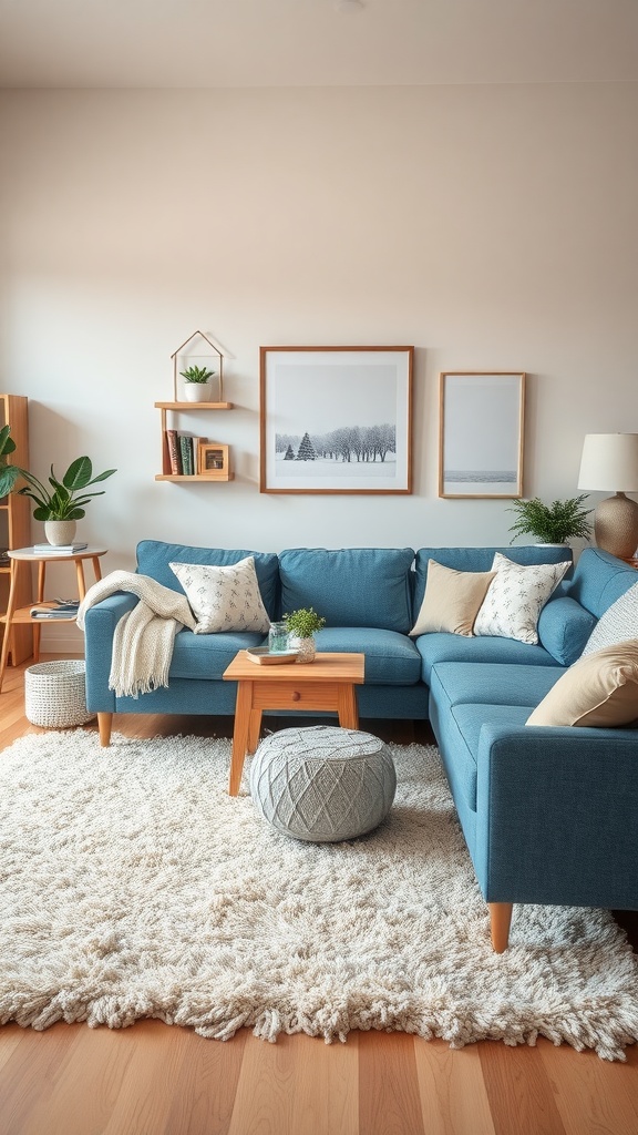 A cozy living room featuring a blue couch with neutral tones, a wooden coffee table, and decorative elements.