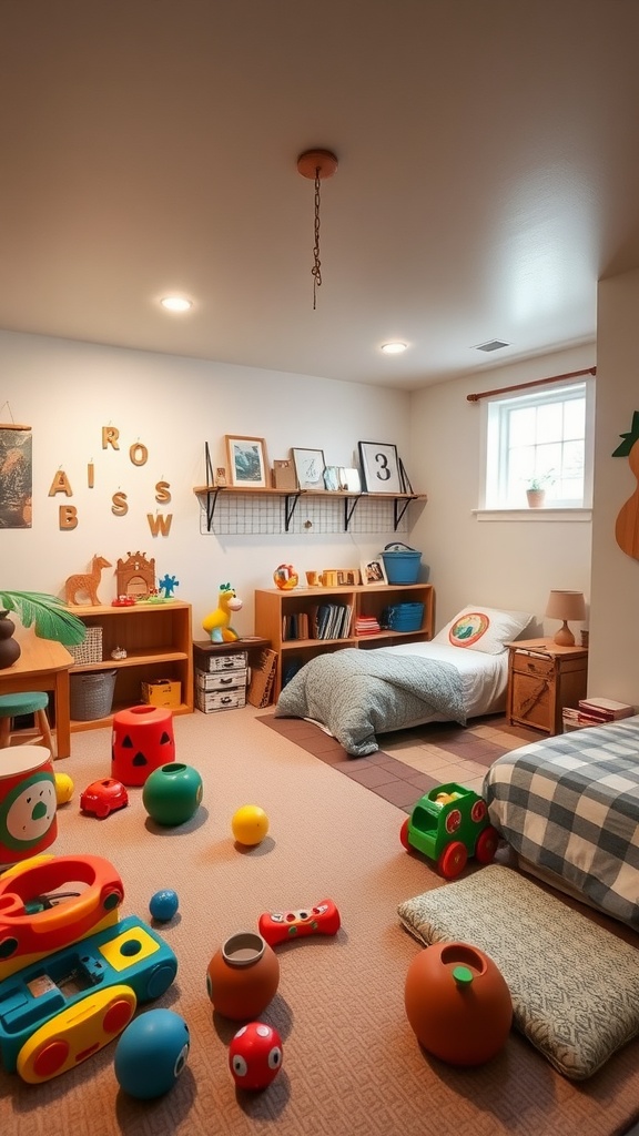 A cozy basement bedroom that doubles as a playful area for kids, featuring toys and a comfortable bed.