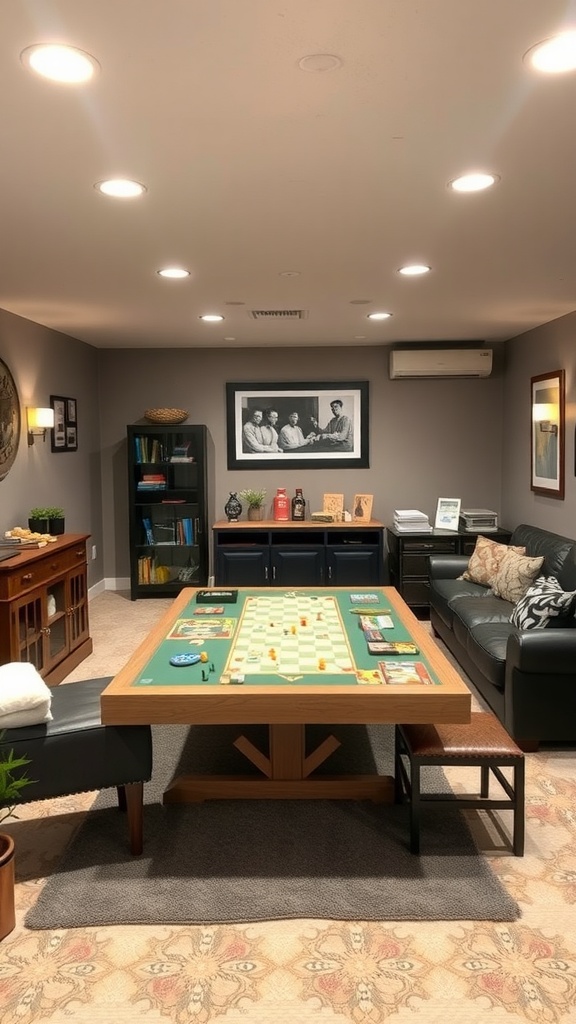 Cozy basement family room with game table and seating