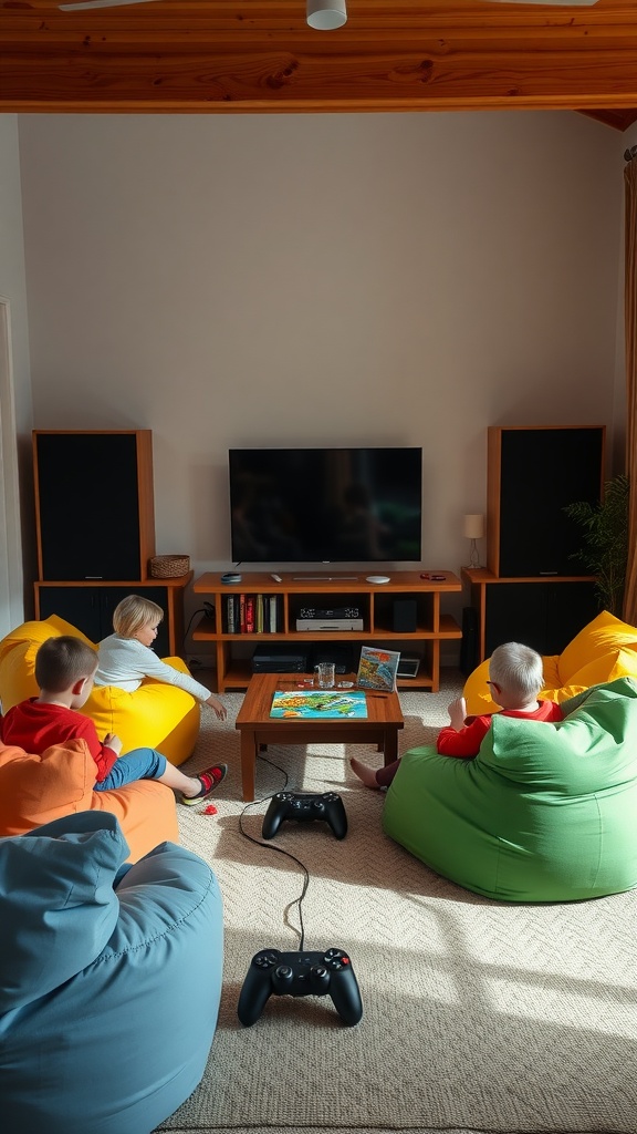 A cozy family game zone with kids in colorful bean bags, playing video games and enjoying a board game.