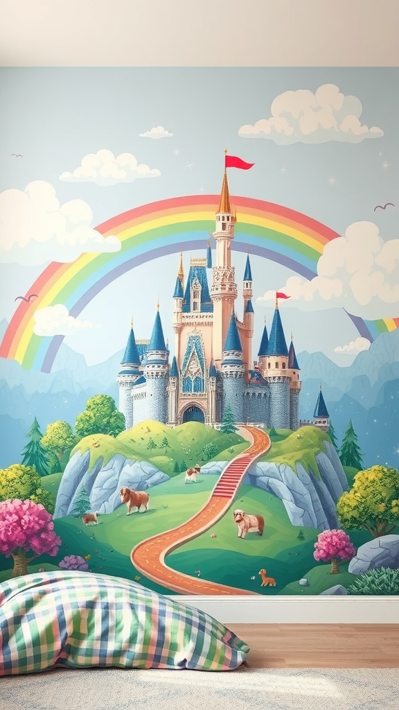 A colorful fantasy castle mural with a rainbow, lush greenery, and friendly animals.