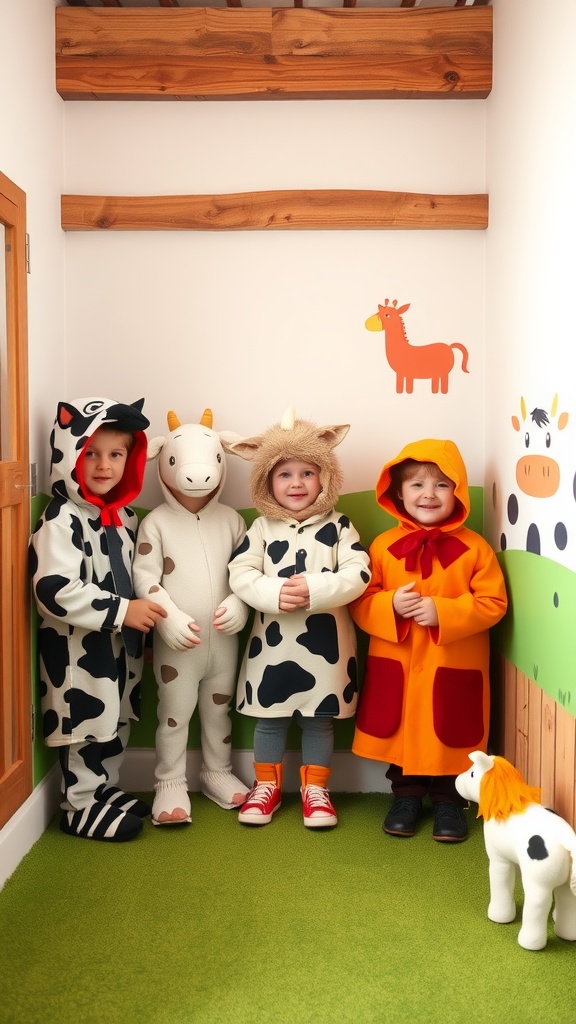 Children dressed in farm animal costumes, in a playful corner designed for imaginative play.