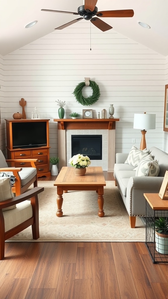 A cozy farmhouse-inspired living room featuring shiplap walls, a wooden coffee table, and soft furnishings.