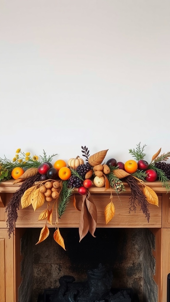 A beautifully decorated rustic mantel with a garland made of fruits, leaves, and greenery