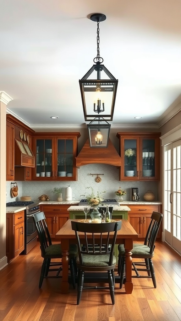 A cozy kitchen featuring farmhouse-style lanterns hanging above a wooden dining table surrounded by black chairs.