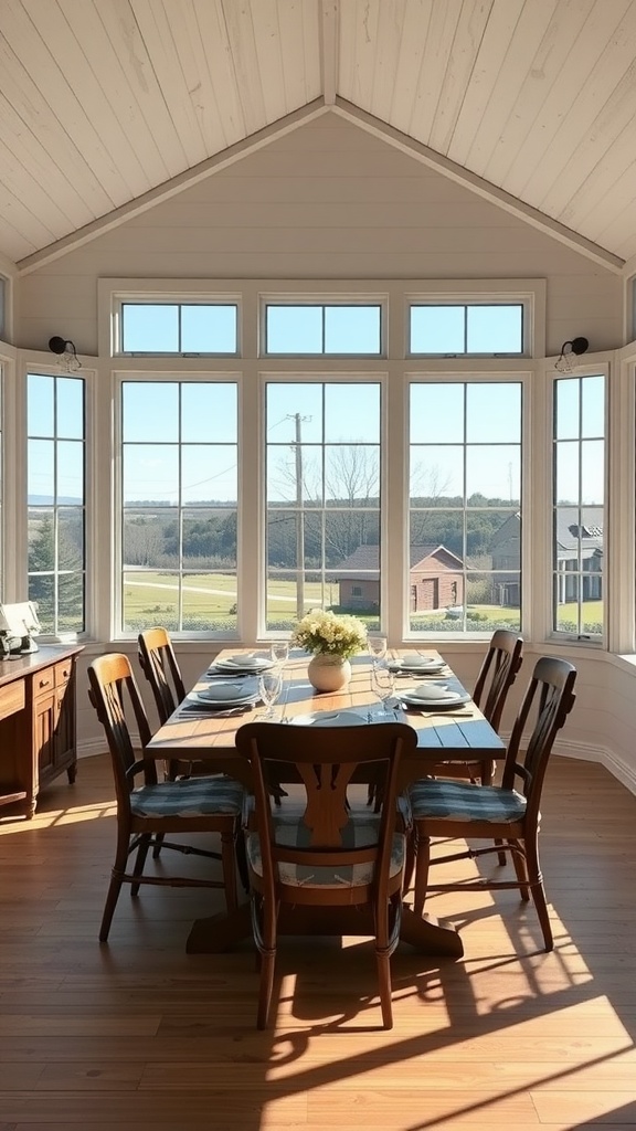 Bright farmhouse dining area with a long wooden table, surrounded by chairs and large windows offering a view of the countryside.