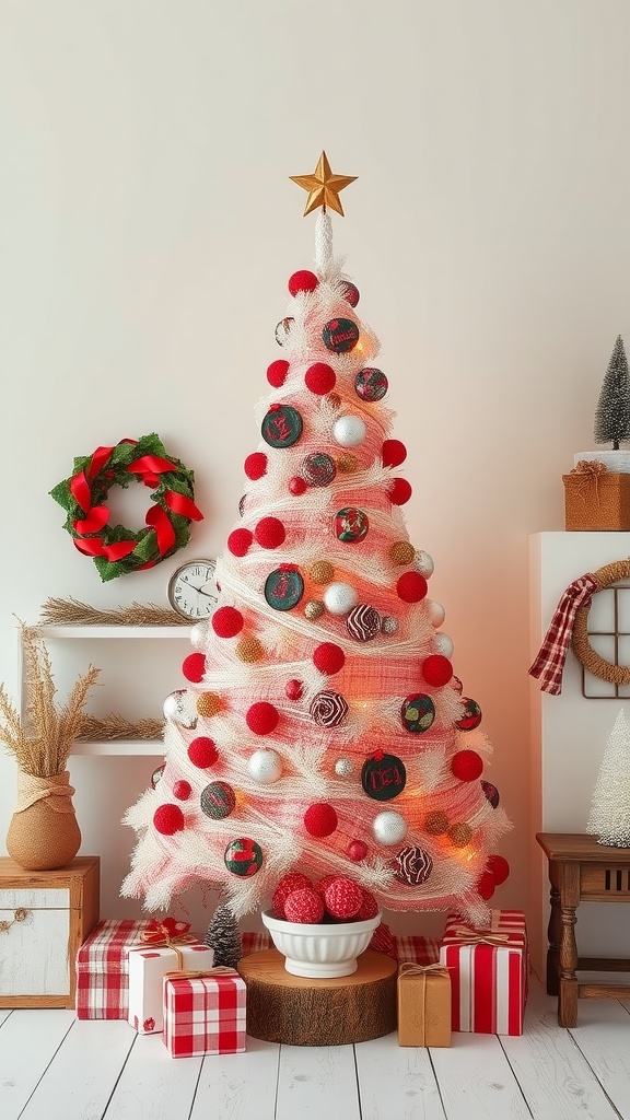 Farmhouse pencil Christmas tree decorated in red and white theme with gifts and wreath