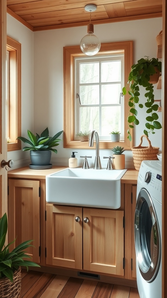 A cozy laundry room featuring a farmhouse sink with natural wood cabinetry and plants.