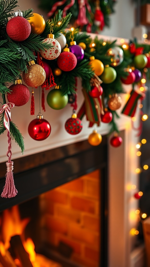 Colorful bauble garland with crochet elements, adorned on a festive mantel with a warm fireplace in the background.