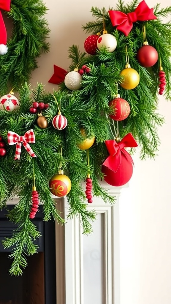 A festive garland decorated with red and gold ornaments, bows, and greenery, draped over a mantel.