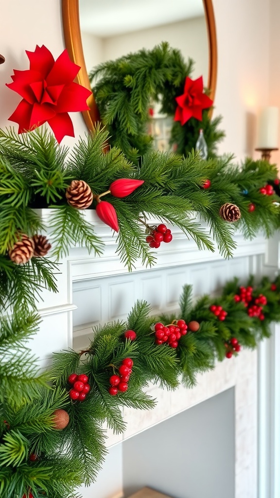 A festive Christmas mantel with a garland made of pine, red berries, pinecones, and decorative poinsettias.