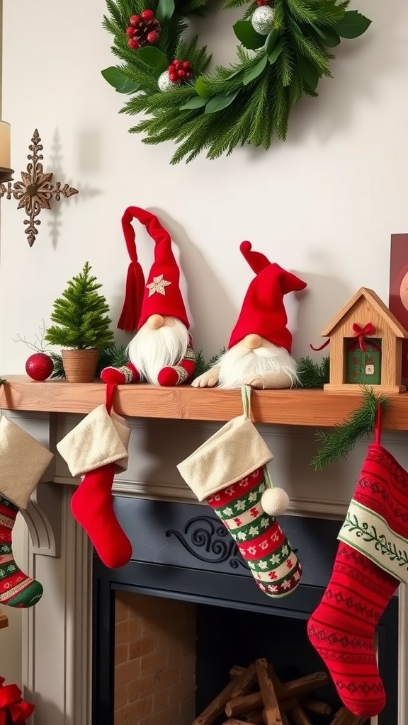 A festive mantel decorated with gnome stocking holders, colorful stockings, and a wreath.