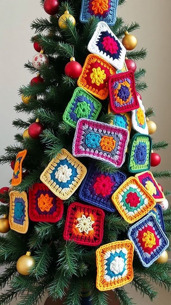 A Christmas tree decorated with colorful granny squares and ornaments.