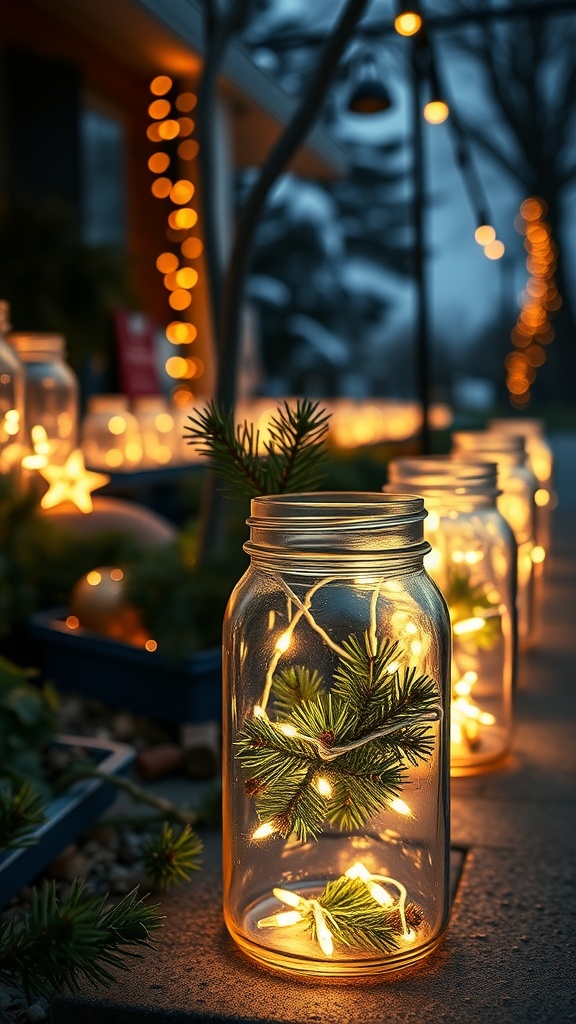 Mason jar lanterns with string lights and pine branches, glowing warmly in an outdoor setting