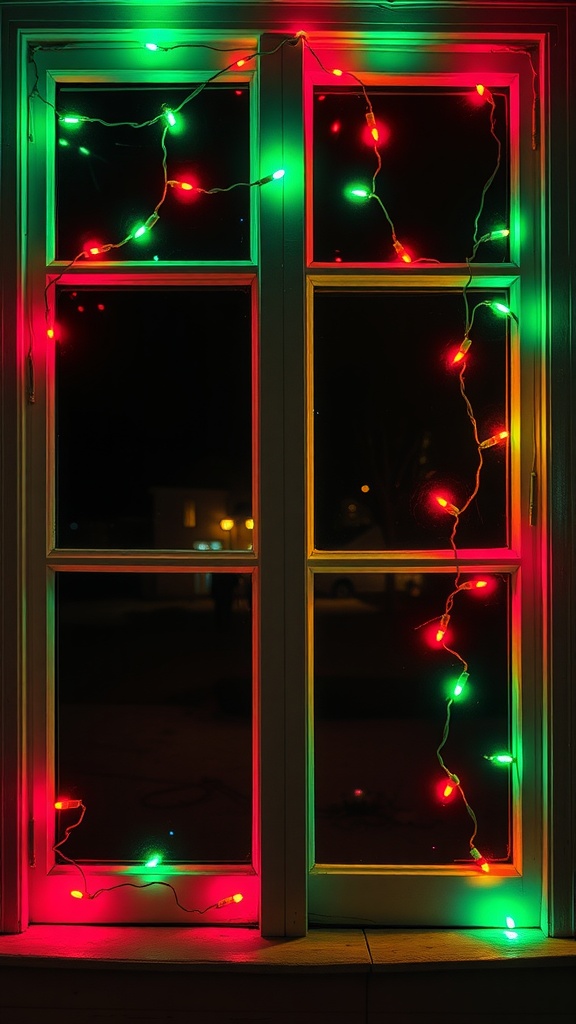 Window decorated with red and green string lights for Christmas