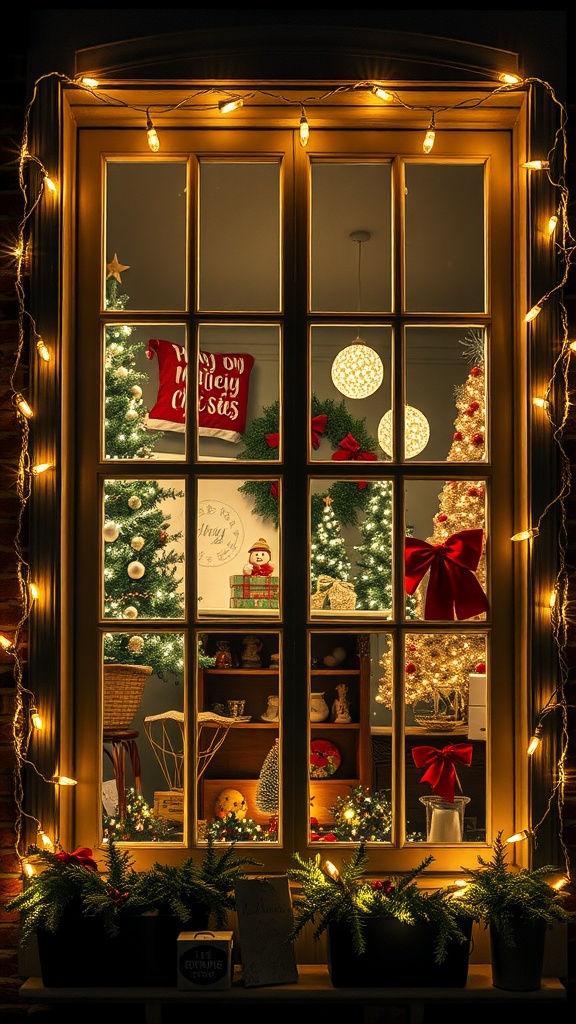 A beautifully decorated window with string lights, Christmas trees, and festive decorations, creating a cozy holiday atmosphere.