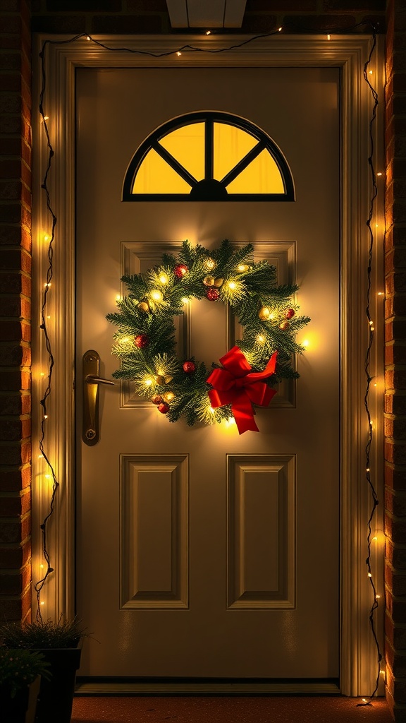 A front door adorned with a Christmas wreath and fairy lights