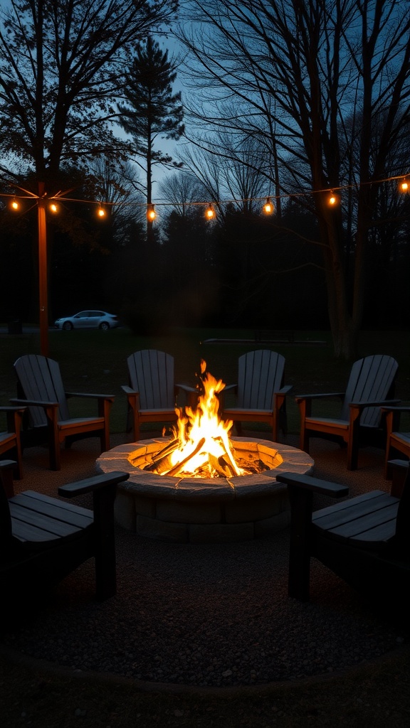 A cozy fire pit surrounded by chairs, illuminated by string lights at dusk.