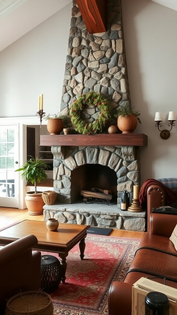 Colonial living room featuring a stone fireplace, leather couch, and decorative elements.