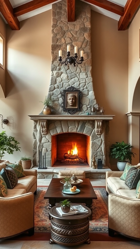 Cozy Mediterranean living room with a stone fireplace and inviting seating.