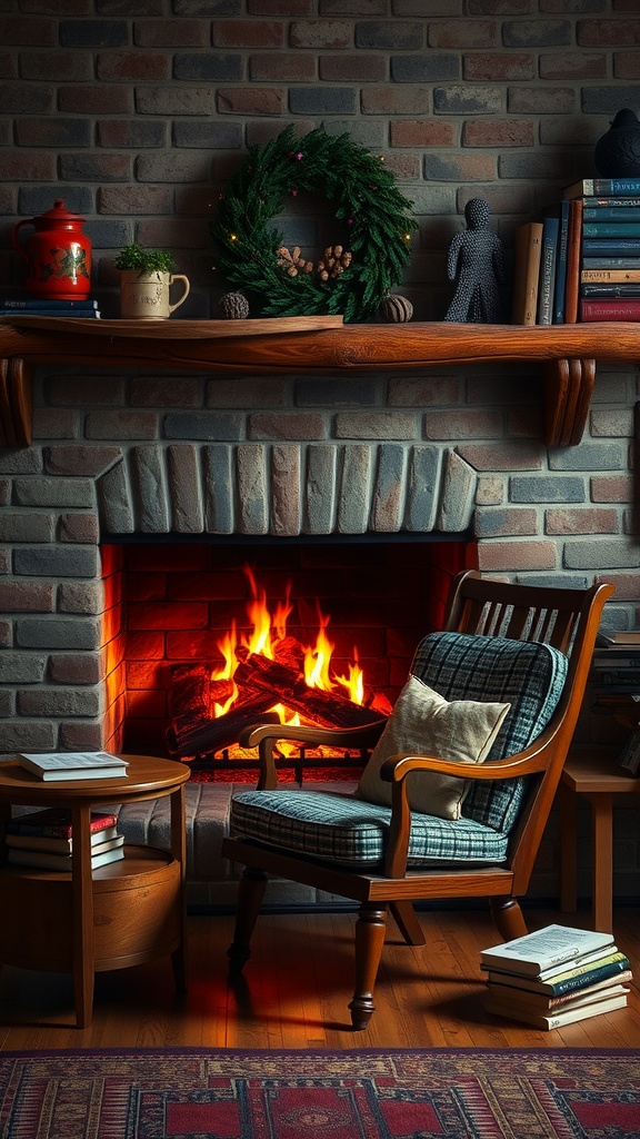 A cozy reading nook featuring a fireplace, an armchair, and a small table with books.