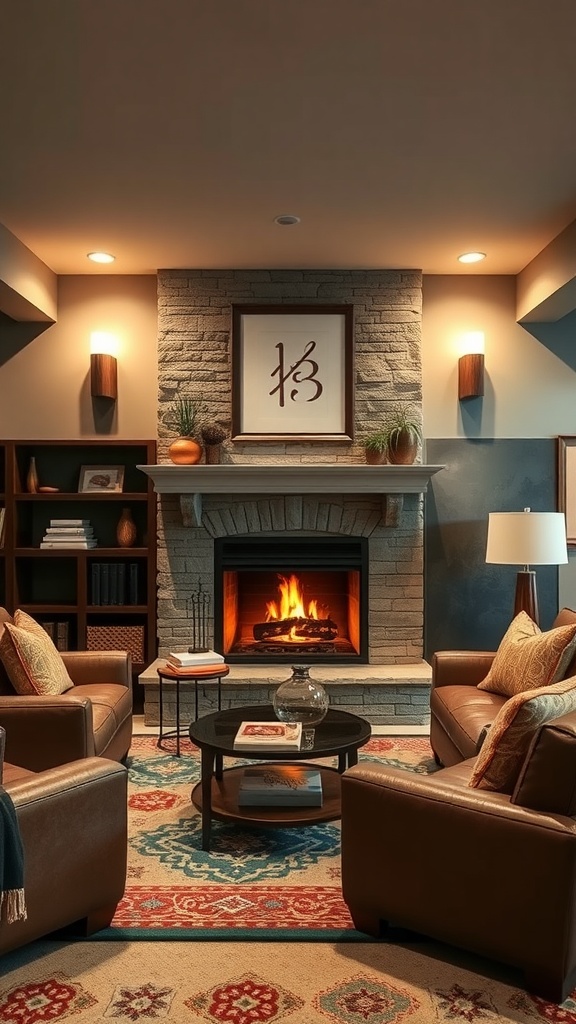 Cozy basement family room featuring a stone fireplace, leather chairs, and warm lighting