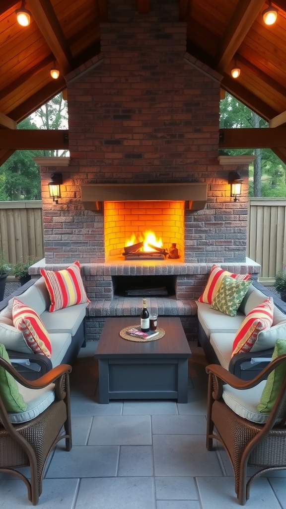 Outdoor fireplace with built-in seating and colorful pillows, creating a cozy atmosphere