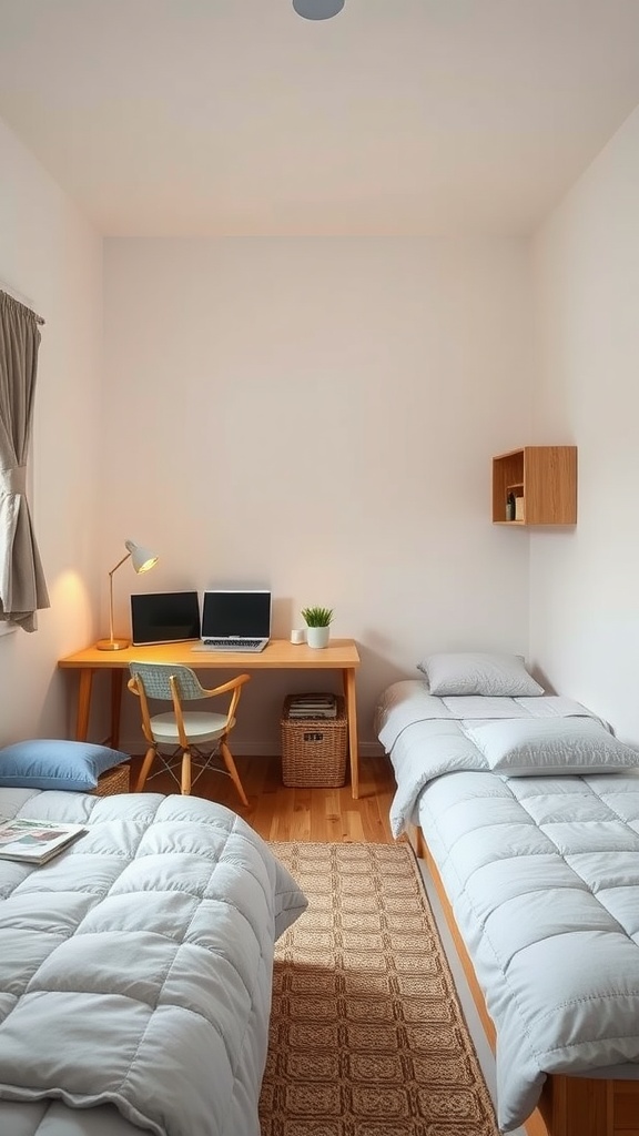 A small bedroom with two twin beds, a desk with two computers, and a light color palette.