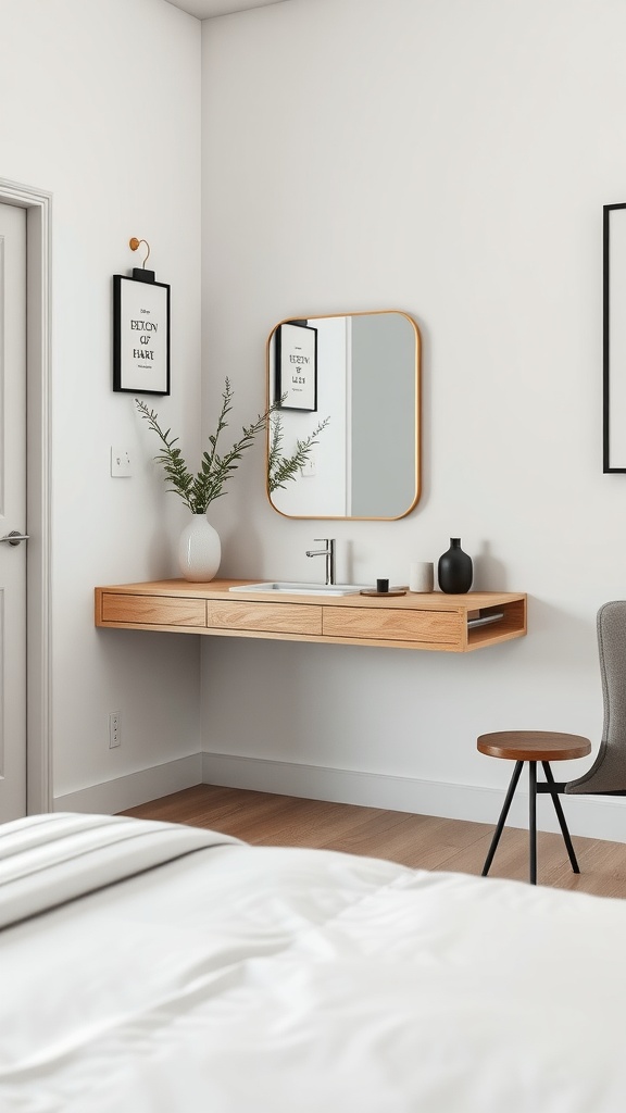 A modern floating desk vanity in a small bedroom corner, featuring a round mirror, wooden desk with drawers, and decorative plants.