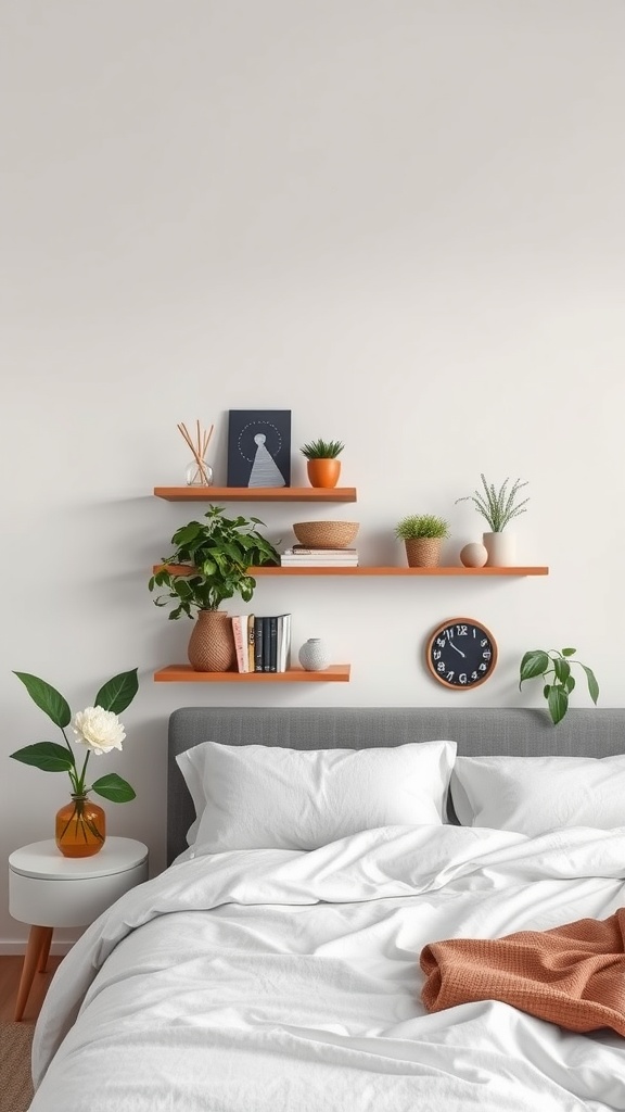 Bedroom wall decor featuring floating shelves with plants, books, and decorative items