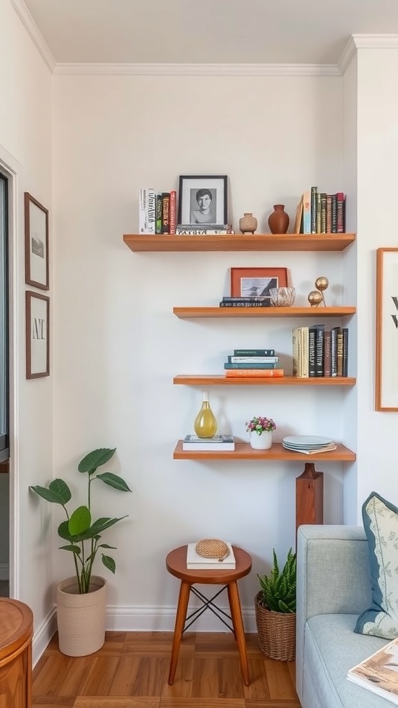 A cozy corner featuring floating shelves decorated with books, plants, and decorative items.