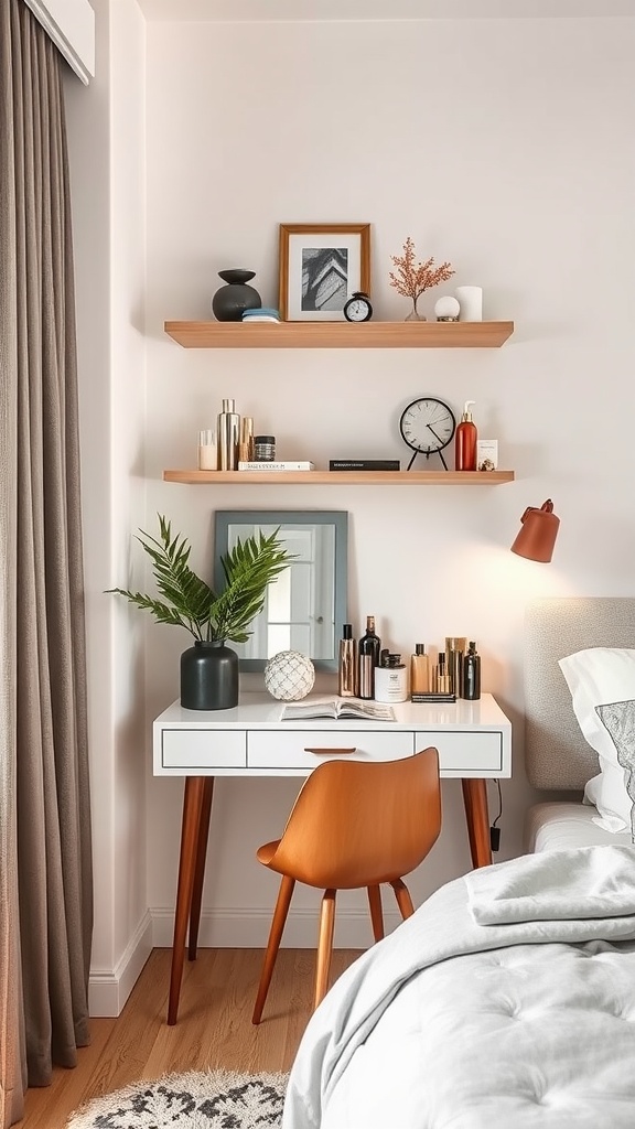 A small bedroom vanity with floating shelves, featuring beauty products and decorative items.