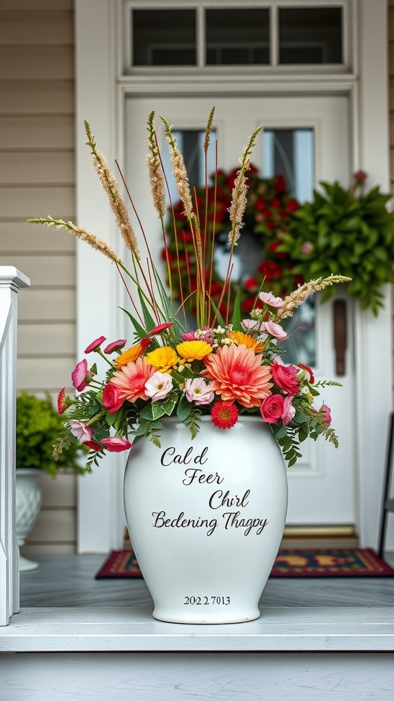 A decorative flower pot filled with colorful flowers on a front porch