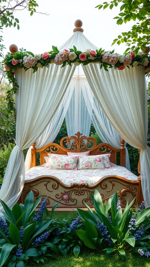 A floral canopy bed design featuring white curtains and a wooden frame adorned with flowers, surrounded by greenery.