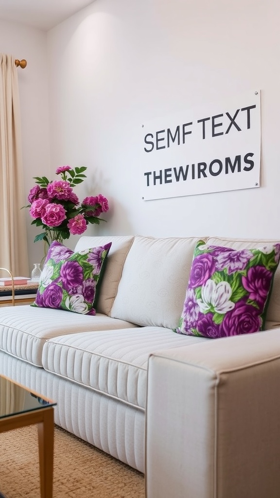 A cozy living room featuring a white couch adorned with floral purple throw pillows and a flower arrangement.