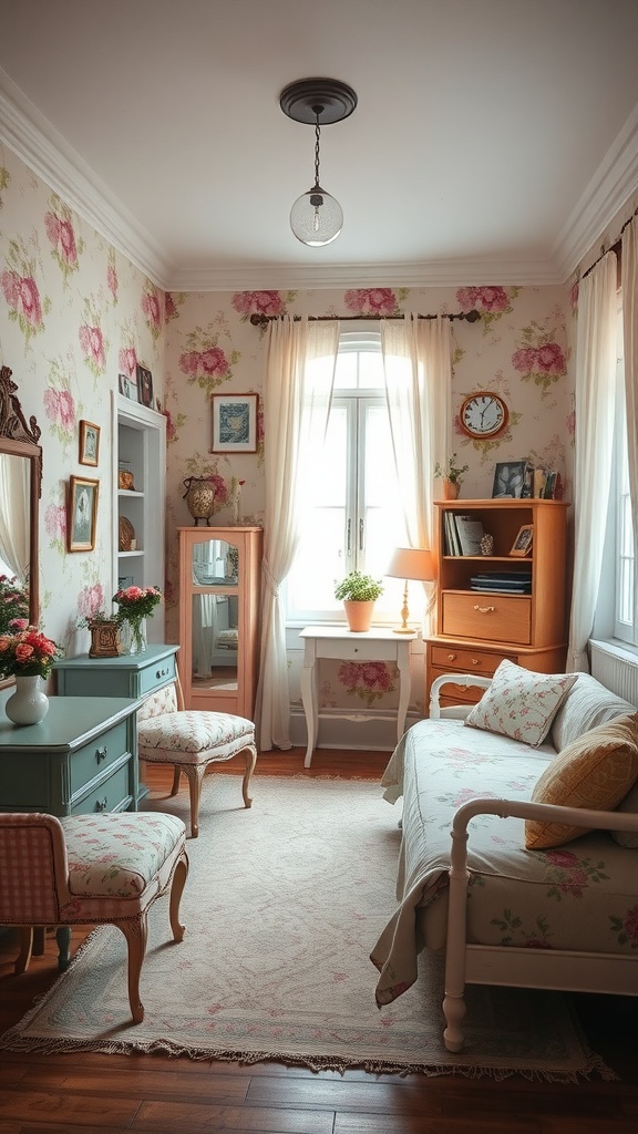 A cozy bedroom with floral wallpaper, vintage furniture, and a warm atmosphere.