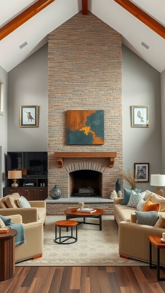 A high-ceiling living room featuring a stone fireplace as a focal point, surrounded by comfortable seating and artistic decor.