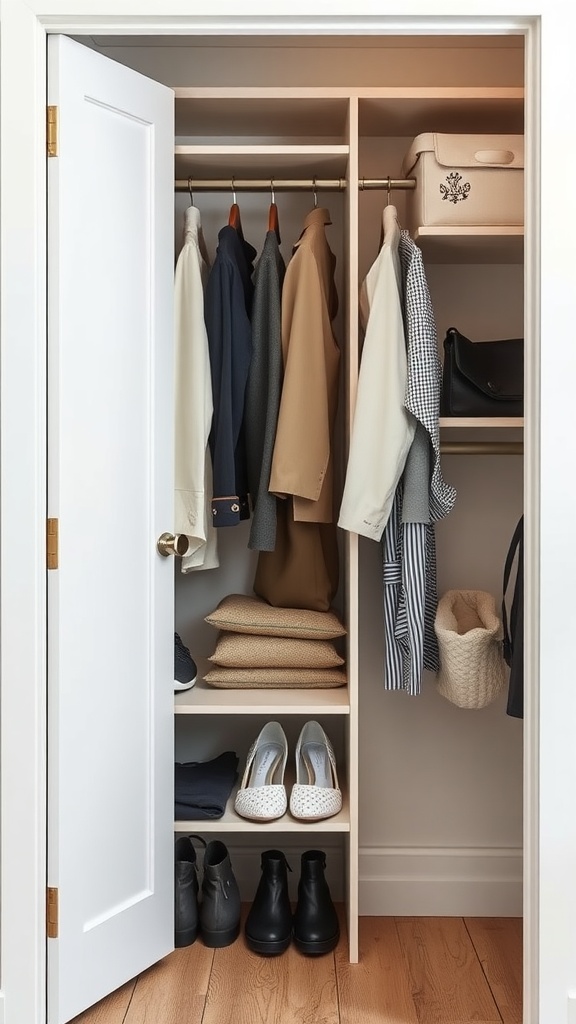 A well-organized small closet with folded clothes, storage boxes, and neatly arranged shoes.